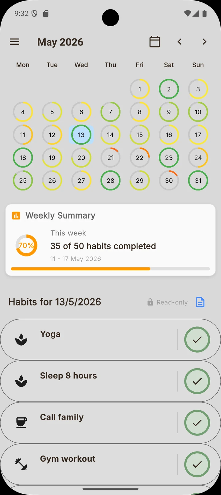 Monthly calendar with daily progress rings and a weekly summary