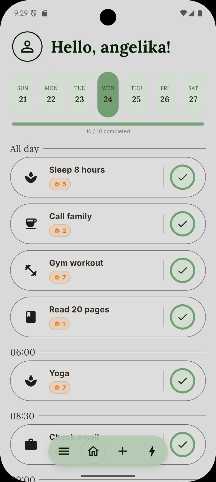 Home screen with the week strip and today's habits, each with its streak