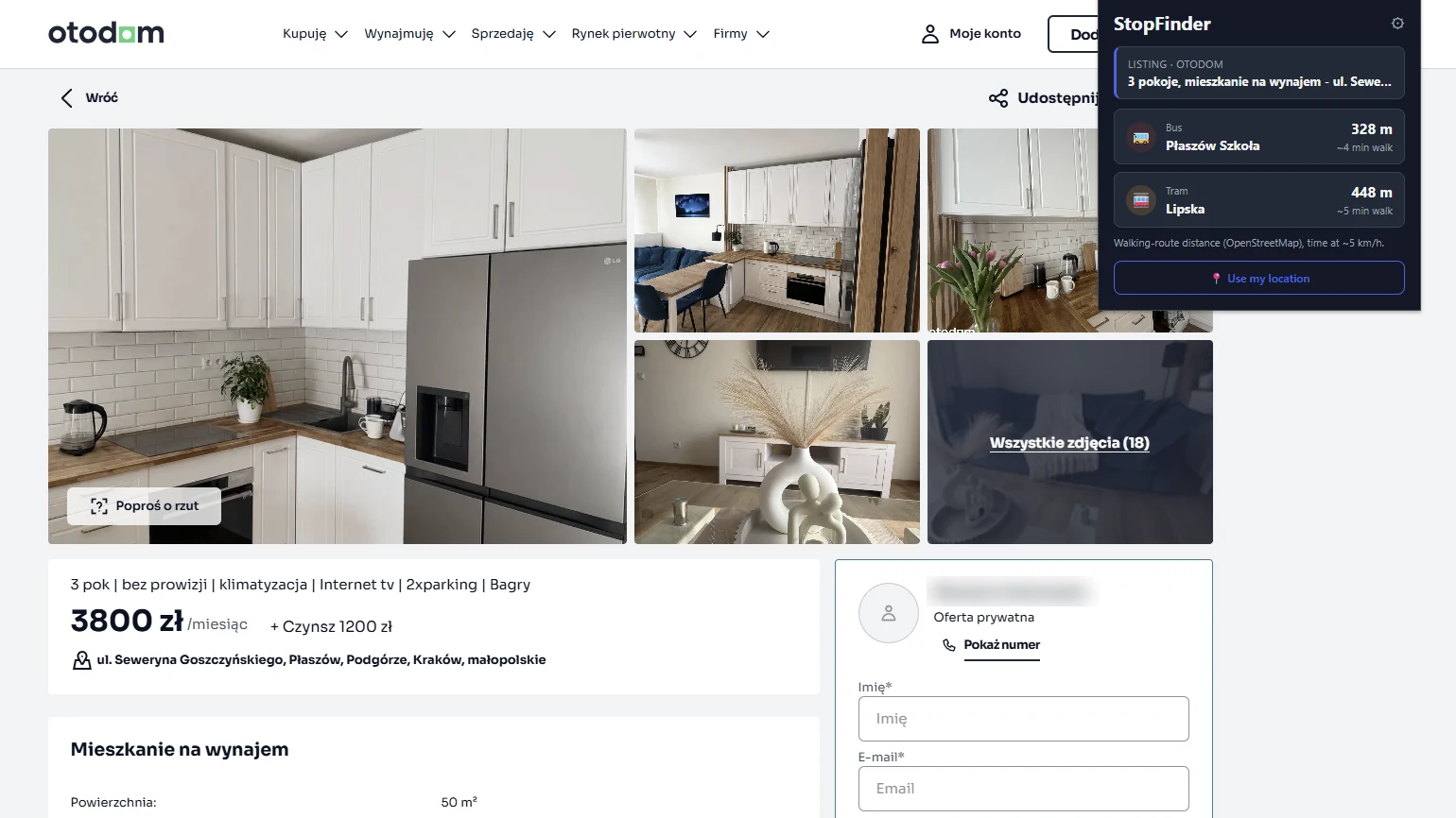 An Otodom flat listing in Kraków with the StopFinder popup open, showing the nearest bus stop 328 m and the nearest tram stop 448 m away on foot