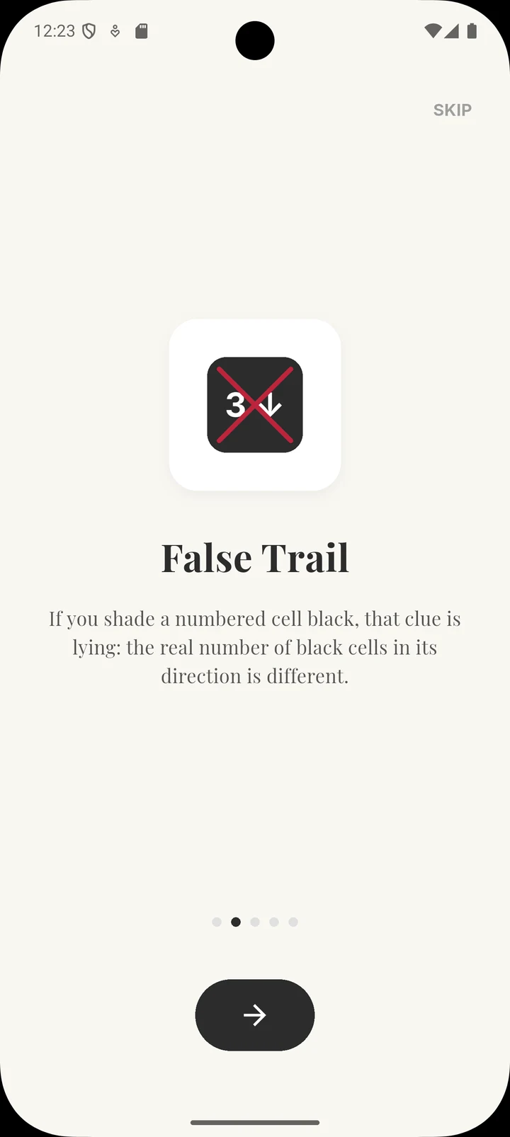 Tutorial page explaining that a shaded clue is lying, so the real count in its direction is different