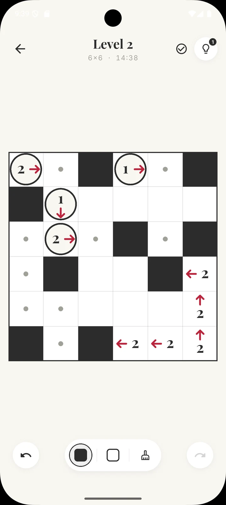 A 6×6 board in level 2, with arrow clues, shaded cells and dots